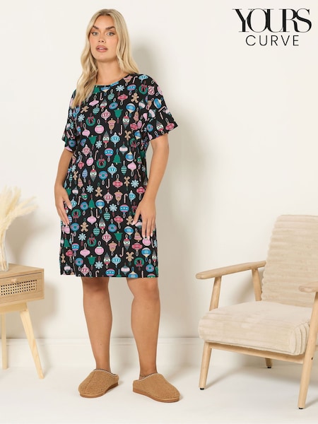 Yours Curve Black Christmas Baubles Sleeptee Nightdress (G04887) | £20