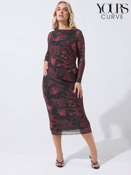 Yours Curve Red Limited Floral Mesh Dress (G04894) | £34