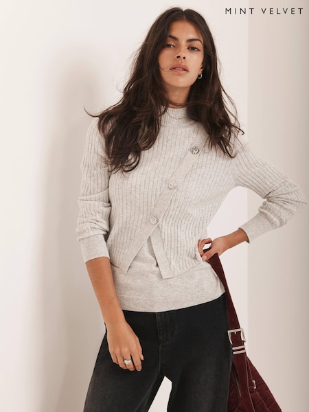 Mint Velvet Grey Cotton Blend Ribbed Jumper (G05138) | £89
