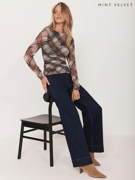 Mint Velvet Brown Checked Mesh Top (G05152) | £49