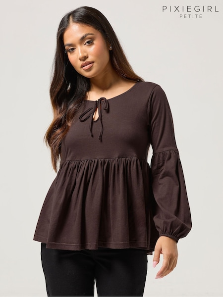PixieGirl Petite Brown Tie Front Smock Top (G05219) | £22