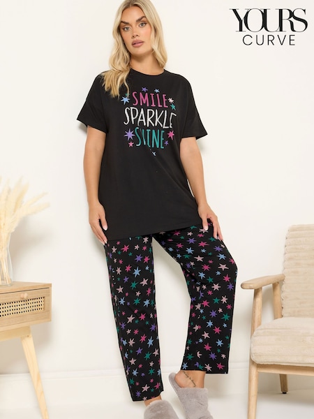 Yours Curve Black Sparkle Shine Short Sleeve Wide Leg Gift Set (G05246) | £31