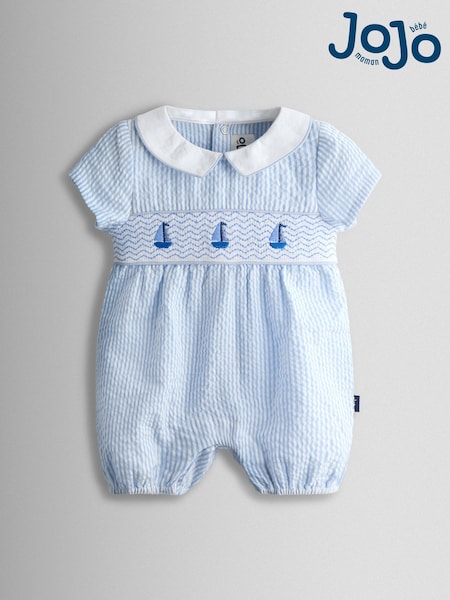 JoJo Maman Bébé Light Blue Boat Classic Smocked Romper (G05315) | £25 - £26