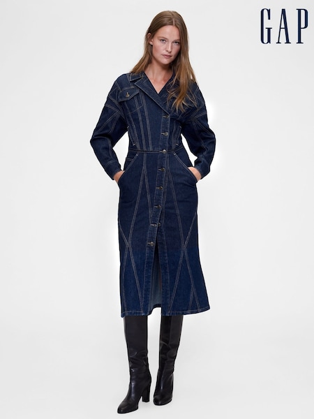 Gap GapStudio Dark Wash Blue Seamed Denim Midi Shirt Dress (G05344) | £275