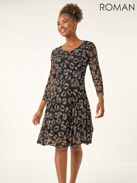 Roman Black Geo Print Lace Stretch Dress (G05473) | £50
