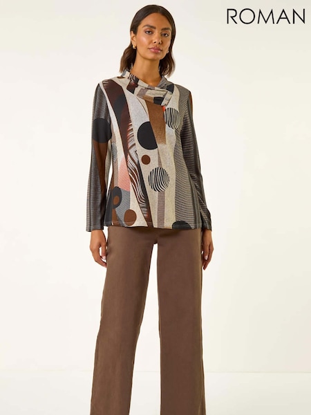 Roman Brown Abstract Print Snit Tunic Top (G05483) | £32