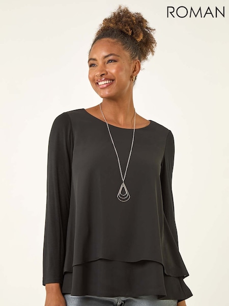Roman Black Chiffon Overlay Necklace Tunic Top (G05492) | £40