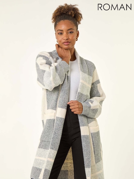 Roman Grey Check Longline Pocket Cardigan (G05493) | £48