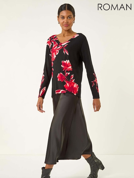 Roman Black Floral Print V-Neck Knit Top (G05498) | £42