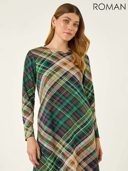 Roman Green Check Print Swing Pocket Dress (G05502) | £45