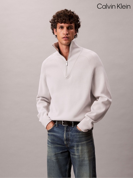 Calvin Klein White Tech Knit Boxy Mock Neck Jumper (G05540) | £120
