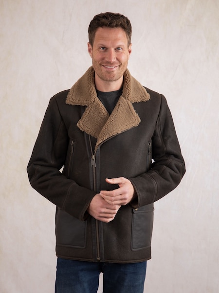 Lakeland Leather Brown Britannia Asymmetric Zip Aviator Sheepskin Coat (G05569) | £799