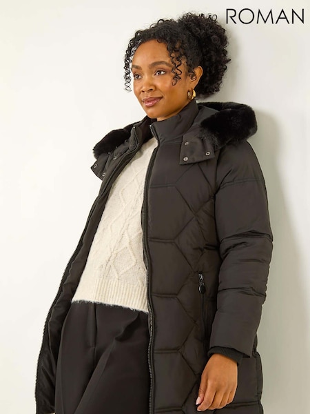 Roman Black Petite Hooded Quilted Puffer Coat (G05610) | £80