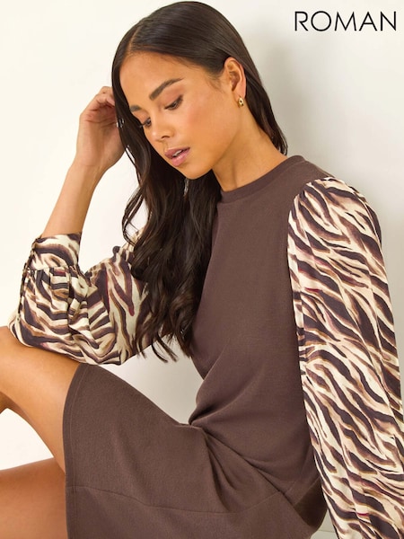 Roman Brown Petite Contrast Frill Stretch Dress (G05611) | £50