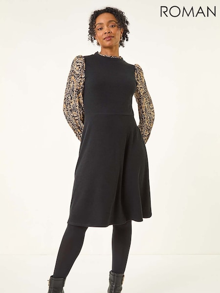 Roman Black Petite Contrast Frill Stretch Dress (G05624) | £50
