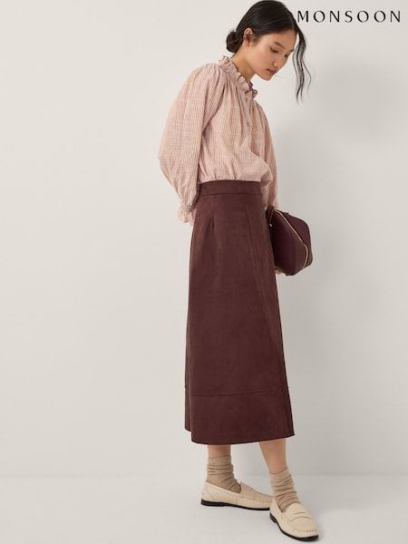 Monsoon Brown Rowan Suedette A-Line Midi Skirt (G05806) | £75