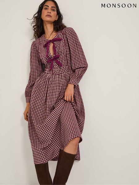 Monsoon Red Agatha Tie Front Check Midi Dress (G05807) | £80