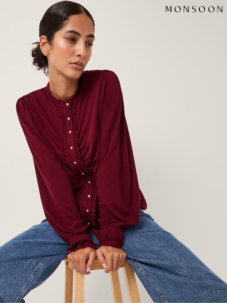Monsoon Red Jayne Ruched Frill Jersey Blouse (G05812) | £45