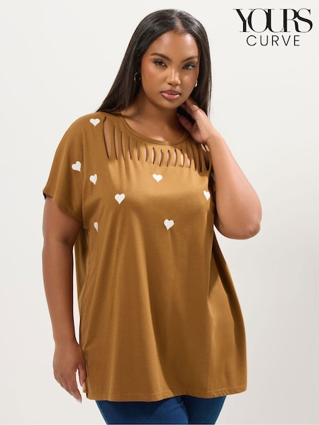 Yours Curve Brown Embroidered Slash Detail Top (G05903) | £27