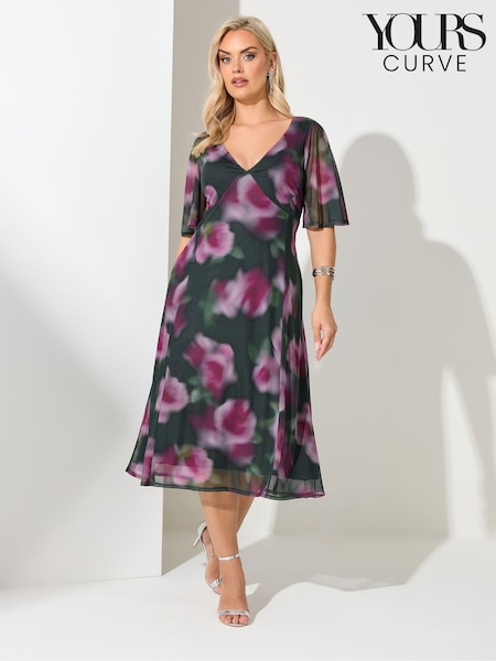 Yours Curve Green London Floral Mesh Tea Dress (G05919) | £53