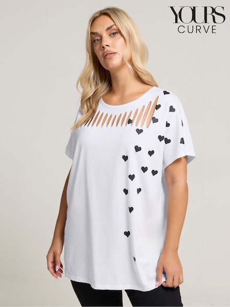Yours Curve White Printed Heart Slash Top (G05940) | £22