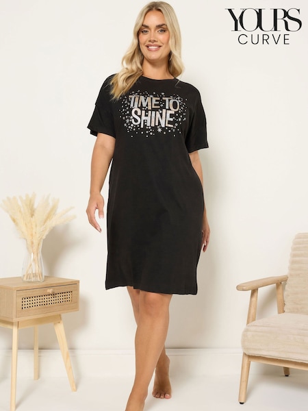 Yours Curve Black Time To Shine Sleep T-Shirt (G05967) | £20