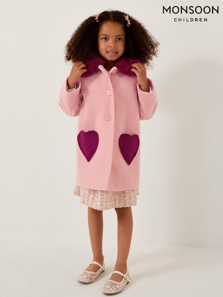 Monsoon Pink Heart Boucle Faux Fur Collar Coat (G05998) | £65 - £75