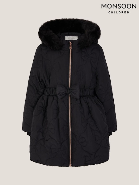 Monsoon Black Faux Fur Hooded Bow Quilted Coat (G05999) | £58 - £68