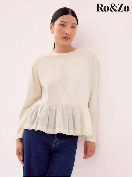Ro&Zo Cream Peplum Long Sleeve T-Shirt (G06036) | £39