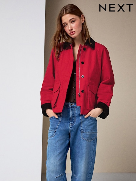 Red - Cord Collar Cropped Trench Coat