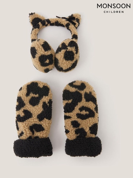 Monsoon Brown Borg Leopard Earmuff & Mitten Set (G06133) | £25 - £26