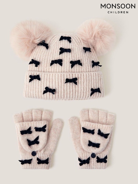 Monsoon Brown Bow Bobble Hat & Gloves Set (G06135) | £25 - £26