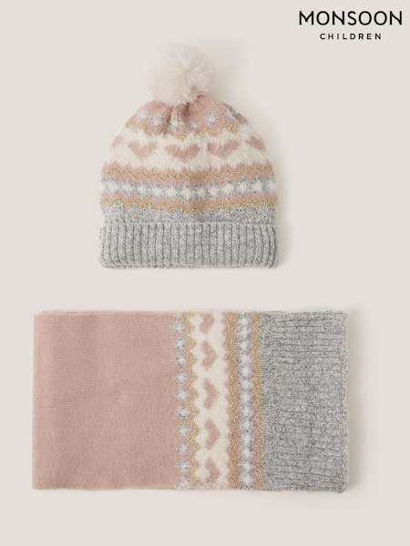 Monsoon Grey Fair Isle Pattern Heart Bobble Hat & Scarf Set (G06140) | £28 - £29