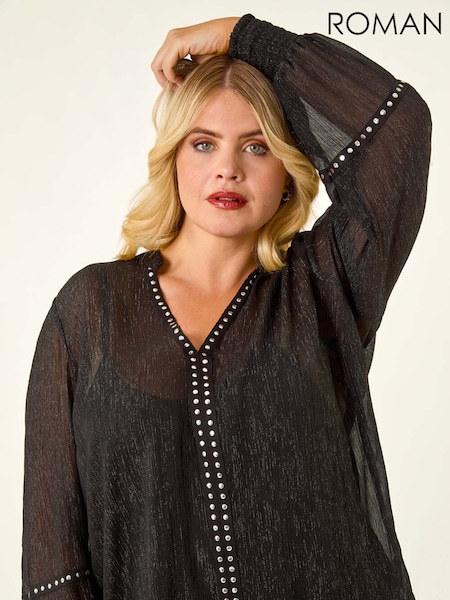 Roman Black Curve Shimmer Chiffon Blouse (G06218) | £40
