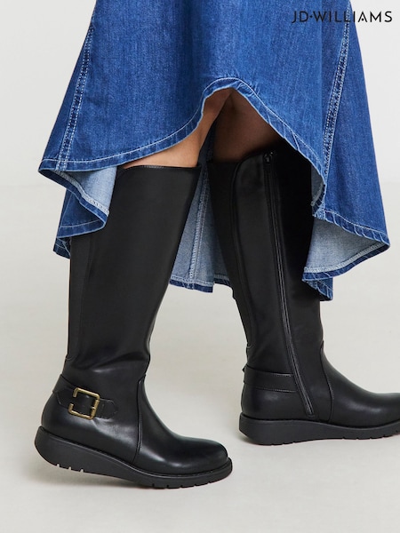 JD Williams Black Wide Fit Knee High Riding Boots With Metal Buckle (G06289) | £60