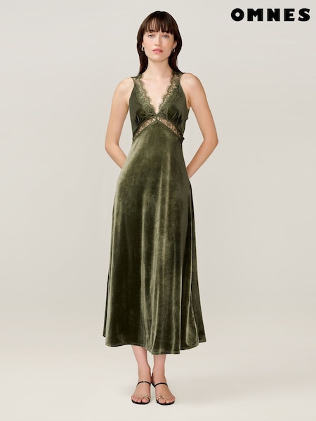 Omnes Green Aurelia Velvet Lace Detailed Maxi Dress (G06658) | £99