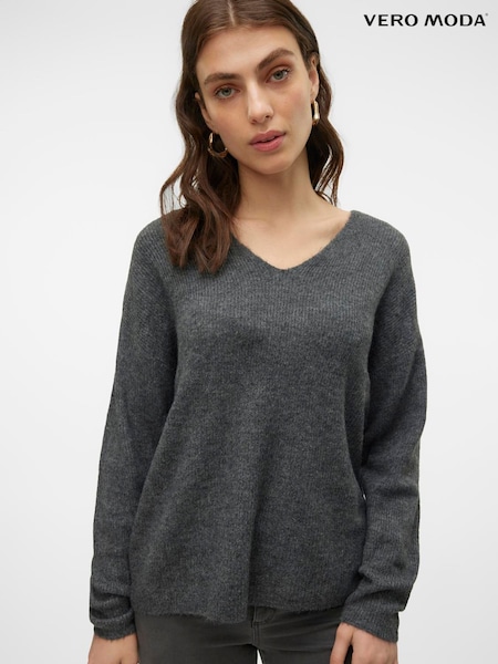 VERO MODA Grey Soft Touch V-Neck Knitted Jumper (G06736) | £26