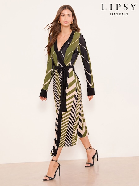 Lipsy Green/Black Petite Geometric Print Jersey Wrap Midi Dress (G06823) | £58