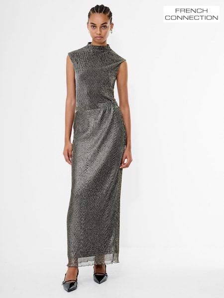 French Connection Black Tamy Lurex Plisse Midi Skirt (G06936) | £65