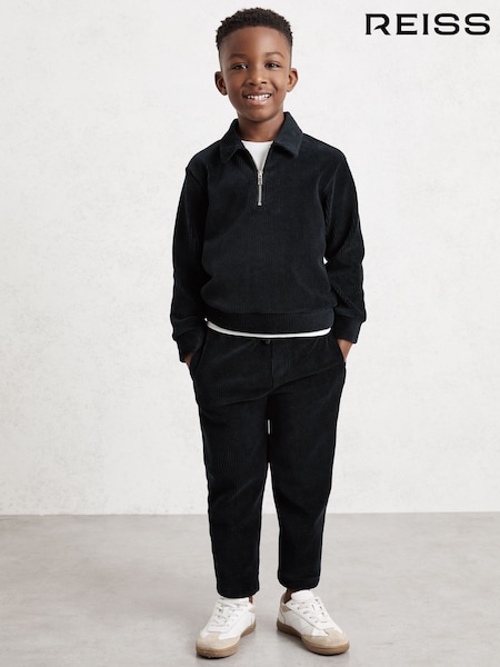 Reiss Navy Blue Bert 9-13 yrs Corduroy Half-Zip Polo Shirt (G07053) | £42