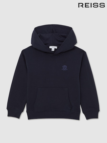 Reiss Navy Blue Conlin 13-14 yrs Monogram Embroidered Relaxed Hoodie (G07077) | £46