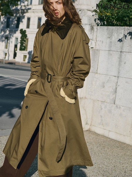Mango Green Double-Breasted Corduroy Collar Trench Coat (G07586) | £150