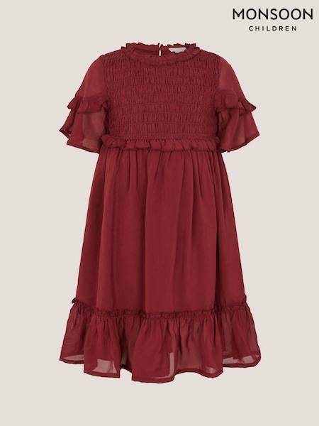 Monsoon Red Frilly Smocked Satin Dress (G07670) | £28 - £32