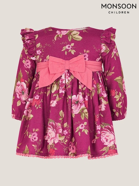 Monsoon Red Floral Bow Long Sleeve Dress (G07671) | £30 - £32