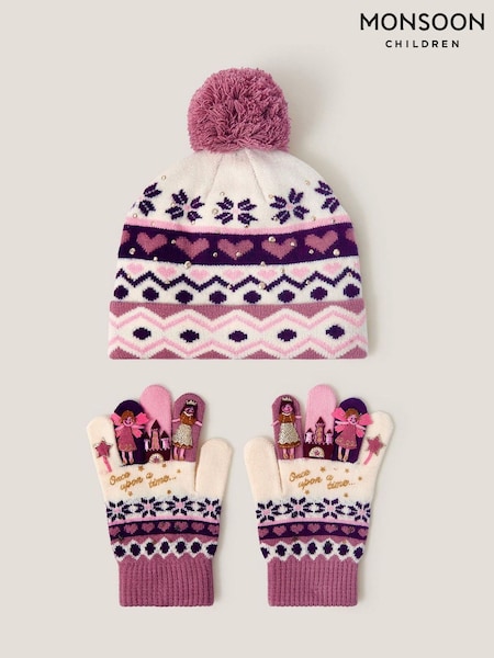 Monsoon Pink Princess Fair Isle Pattern Bobble Hat & Gloves Set (G07673) | £26 - £27