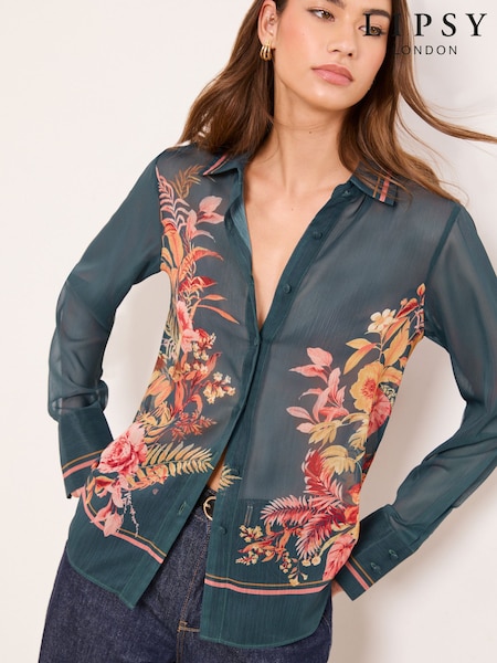 Lipsy Dark Green Floral Chiffon Printed Shirt (G07756) | £42