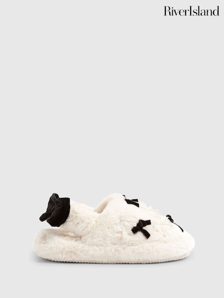River Island Cream Girls Fur Bow Slippers (G07786) | £22