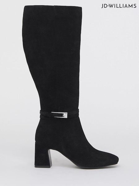 JD Williams Black Extra Wide Fit Real Leather Heeled Knee High Boots With Ankle Trim (G07832) | £100