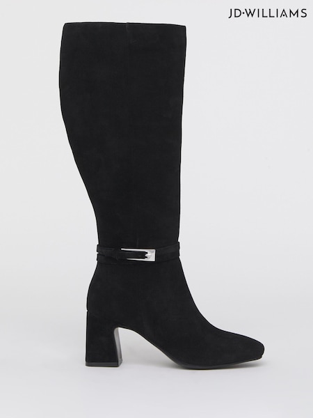 JD Williams Black Wide Fit Real Leather Heeled Knee High Boots With Ankle Trim (G07836) | £100