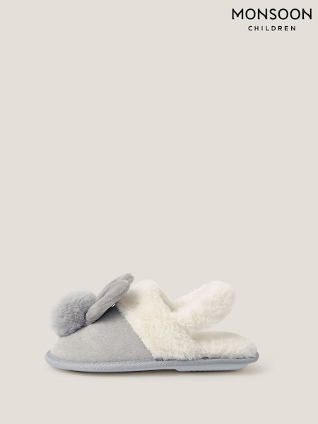 Monsoon Grey Fluffy Pom Pom Bunny Slippers (G07947) | £16 - £18